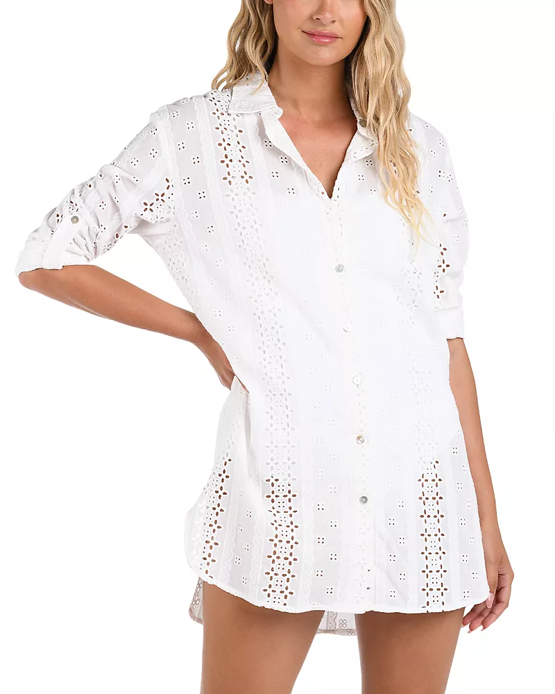 La Blanca Eyelet Camp Shirt Swim Cover-Up
