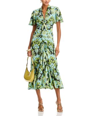 Damask Floral Tie Neck Ruched Midi Dress