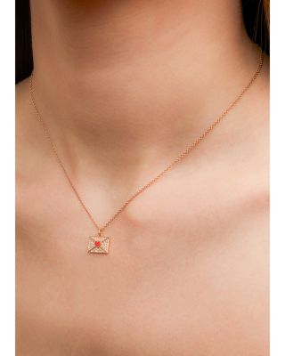 18K Yellow Gold Necklace Ma Declaration Gray Diamond & Red Heart Envelope Pendant Necklace, 16.53"
