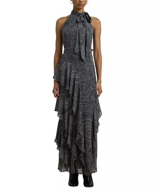 paisley belted georgette tiered gown