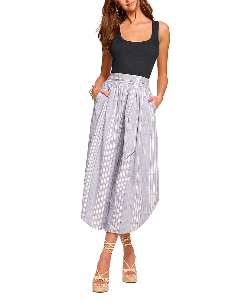 Shop Ramy Brook Aralyn Mixed Media Tie Waist Midi Dress In Navy Patchwork