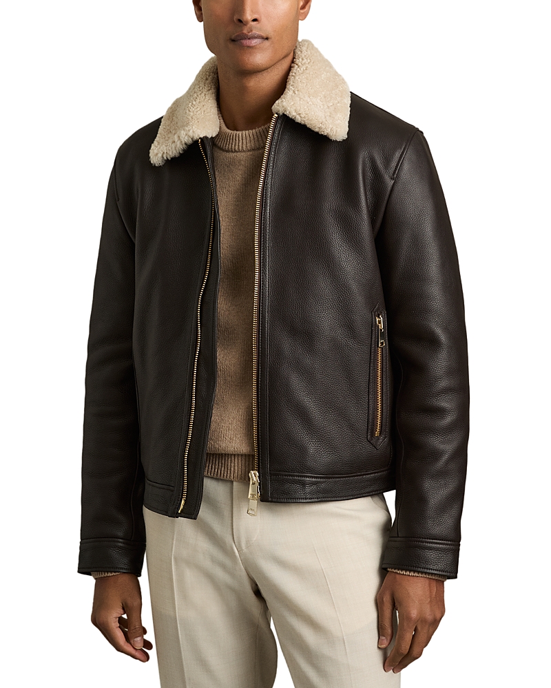 Reiss Dark Brown Shetland Shearling-collar Leather Jacket In Dark Brown