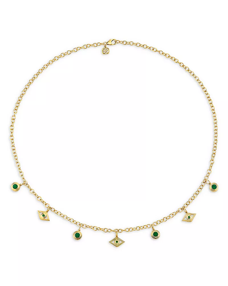 Sydney Evan 14K Yellow Gold Emerald Evil Eye & Bezel Drop Collar Necklace, 18