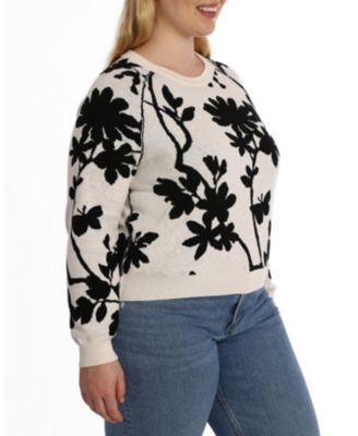  Plus Size Cotton Blend Long Sleeve Reversible Floral Crew Sweater