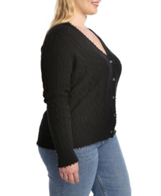 Plus size Cotton Frayed Cable Long Sleeve V Neck Sweater Top