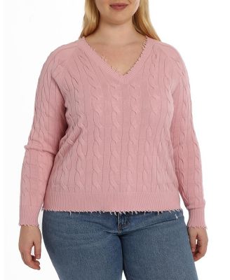 Plus size Cotton Frayed Cable Long Sleeve V Neck Sweater Top