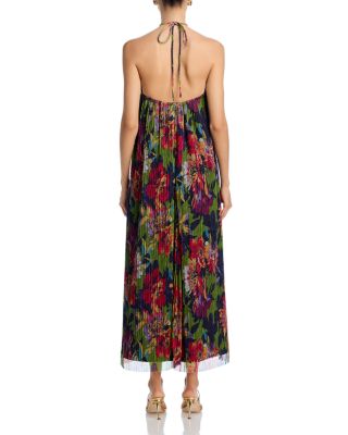 Metallic Knit Pleat Floral Halter Midi Dress - Exclusive