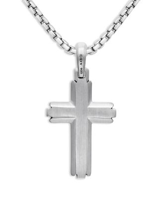 Men's Deco Cross Pendant in Sterling Silver with Black Diamonds, 34mm