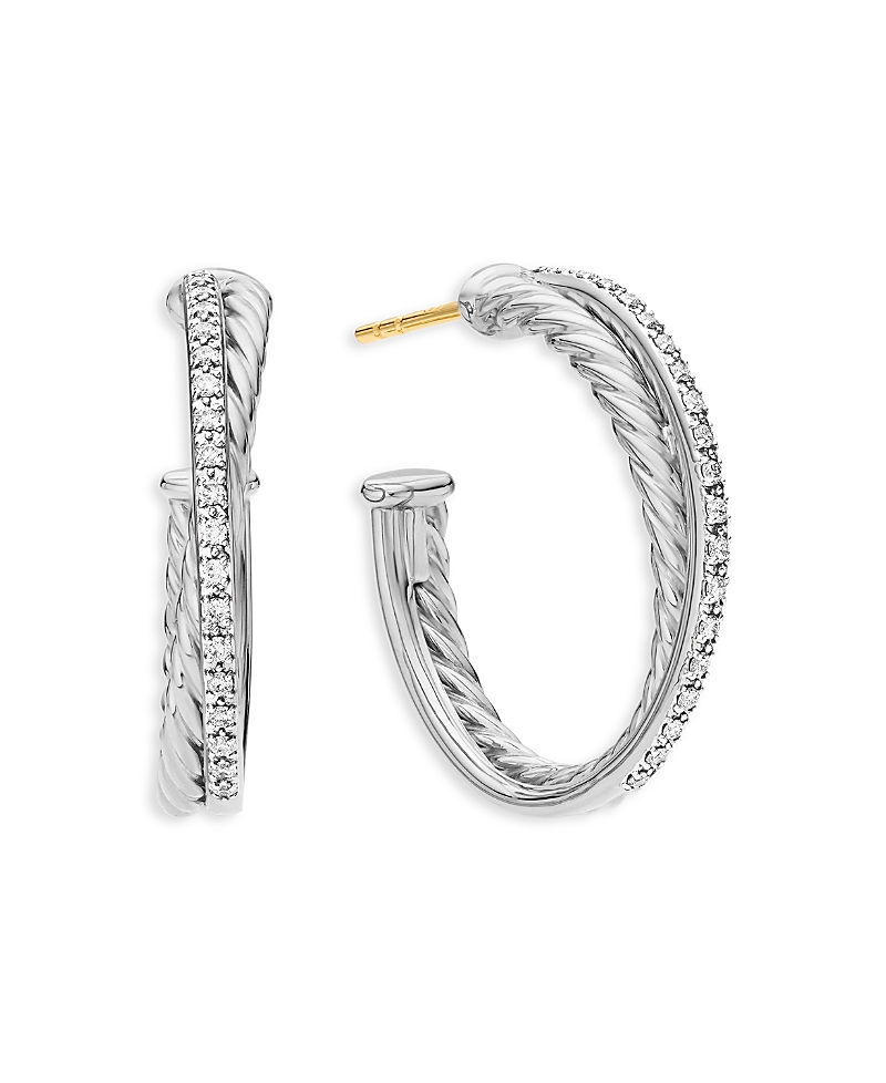 David Yurman Sterling Silver Crossover Medium Hoop Earrings with Diamonds