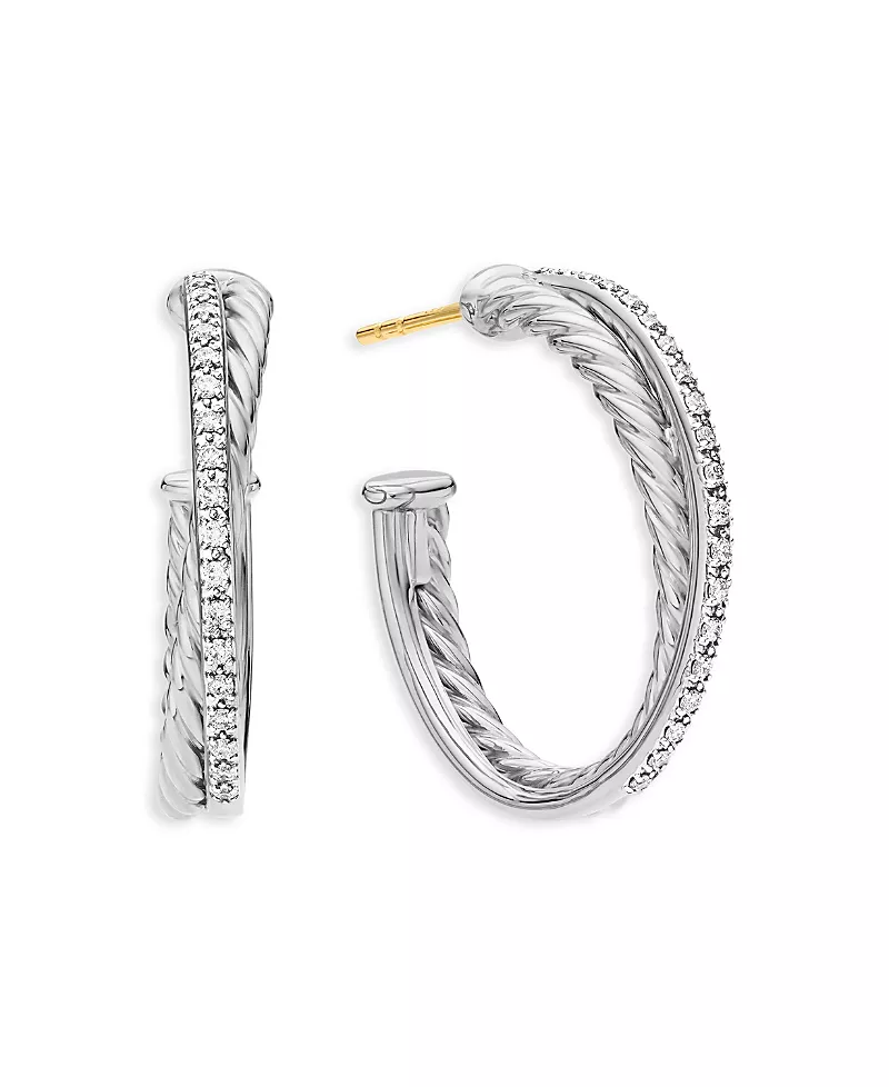 David Yurman Sterling Silver Crossover Medium Hoop Earrings with Diamonds