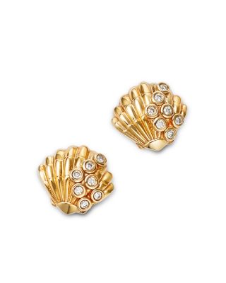14K Yellow Gold Clam Shell Stud Earrings with Diamonds