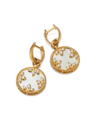 18K Yellow Gold Venetian Princess Medallion Mother of Pearl & Diamond Dangle Hoop Earrings