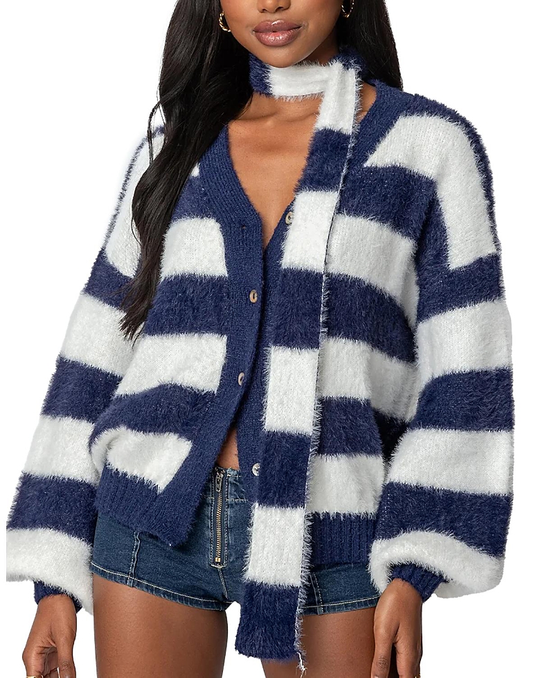 Shop Edikted Striped Two Piece Knit Scarf Cardigan In Navy