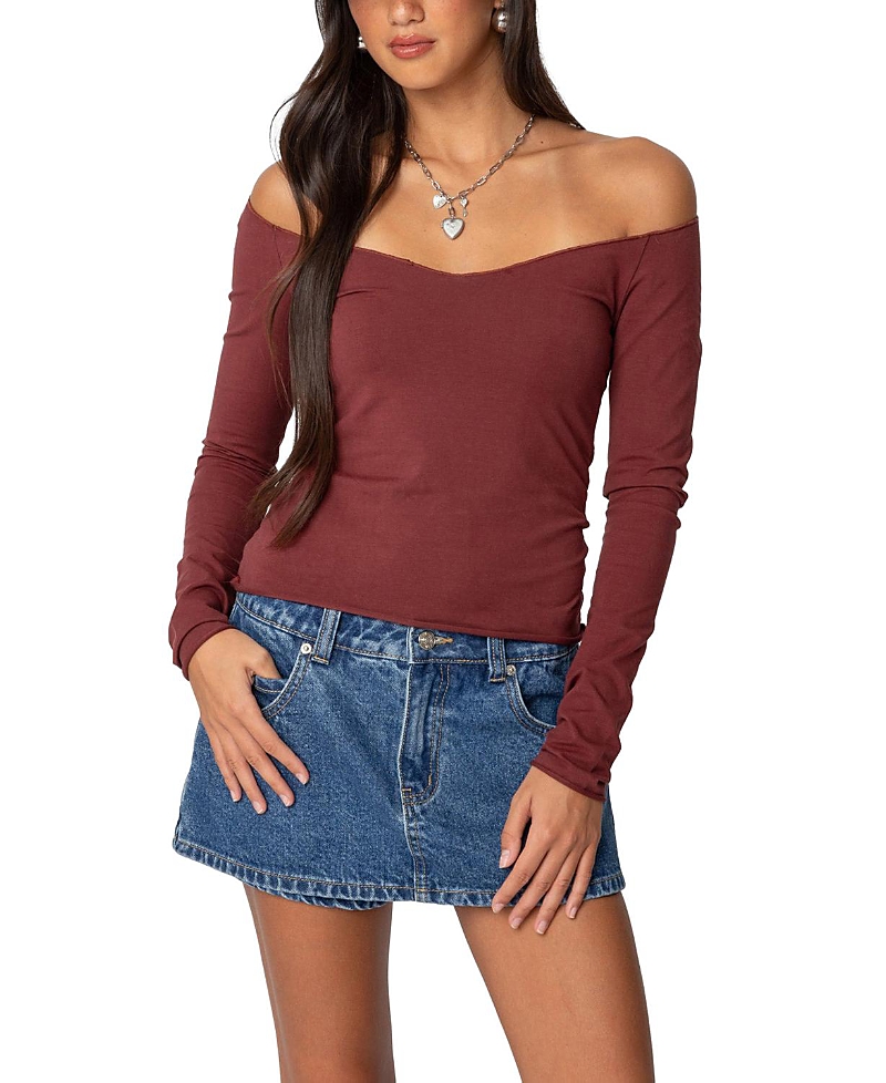 Edikted Nattie Off The Shoulder Long Sleeve Top In Burgundy