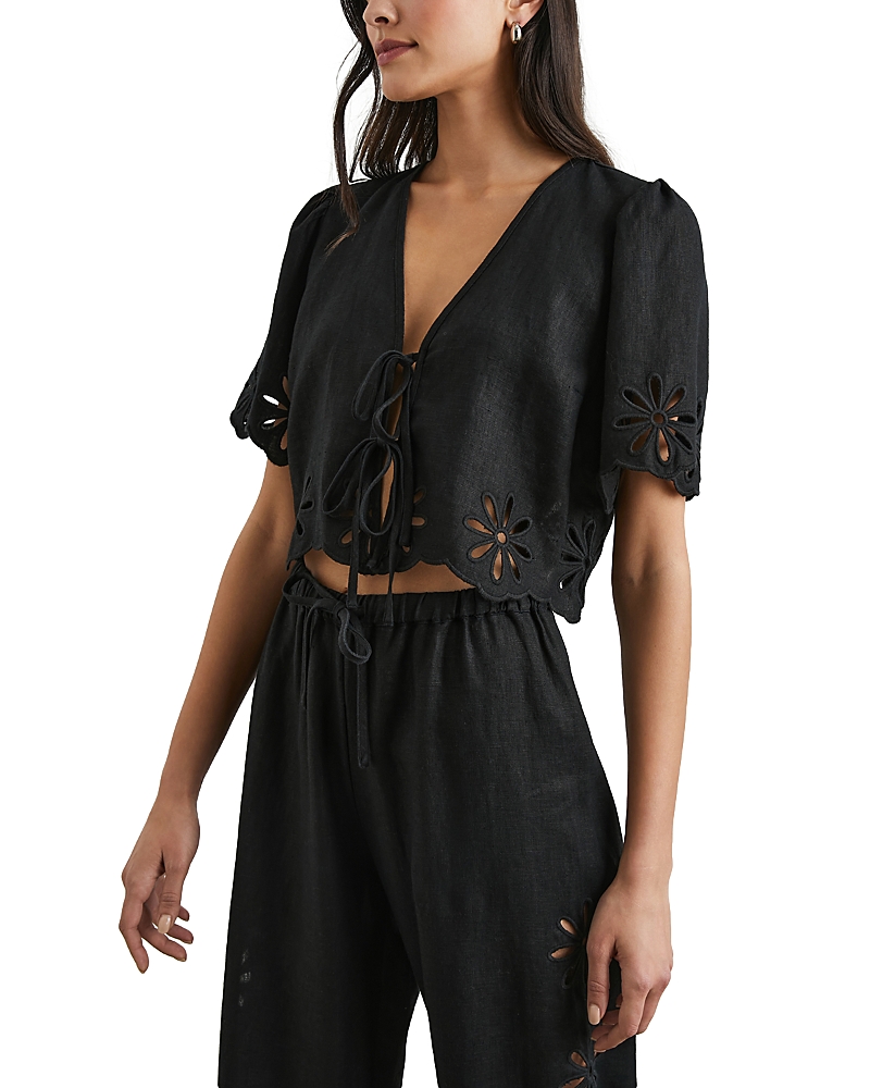 Rails Pari Eyelet Tie Front Linen Crop Top In Black Eyelet