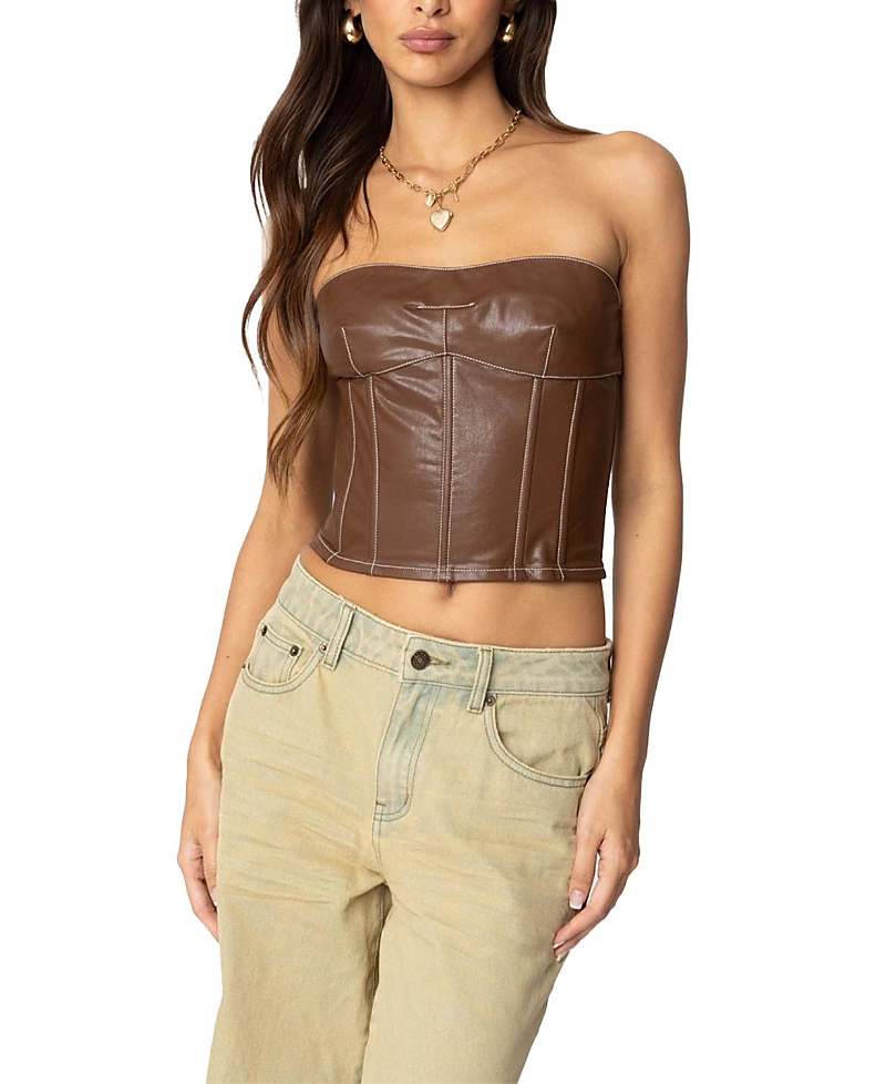 Shop Edikted Moss Faux Leather Lace Up Corset In Brown