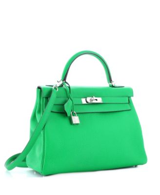 Kelly 32 Handbag Green Clemence with Palladium Hardware