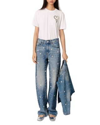 Embellished High Rise Wide Leg Jeans in Blue