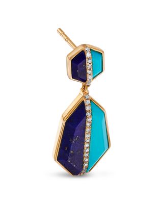 Lapis Lazuli, Turquoise & Diamond Geometric Drop Earrings in 14K Yellow Gold