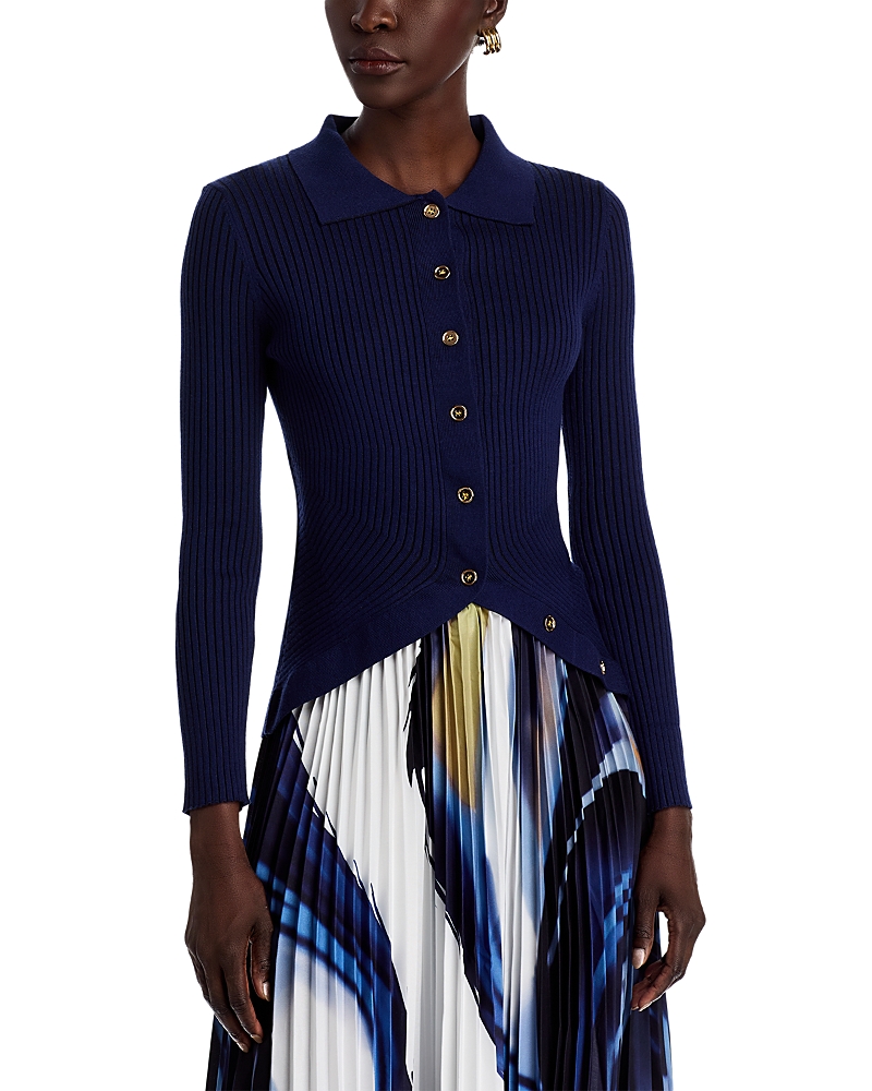 Nancy Yang Button Front Rib Knit Asymmetrical Hem Sweater