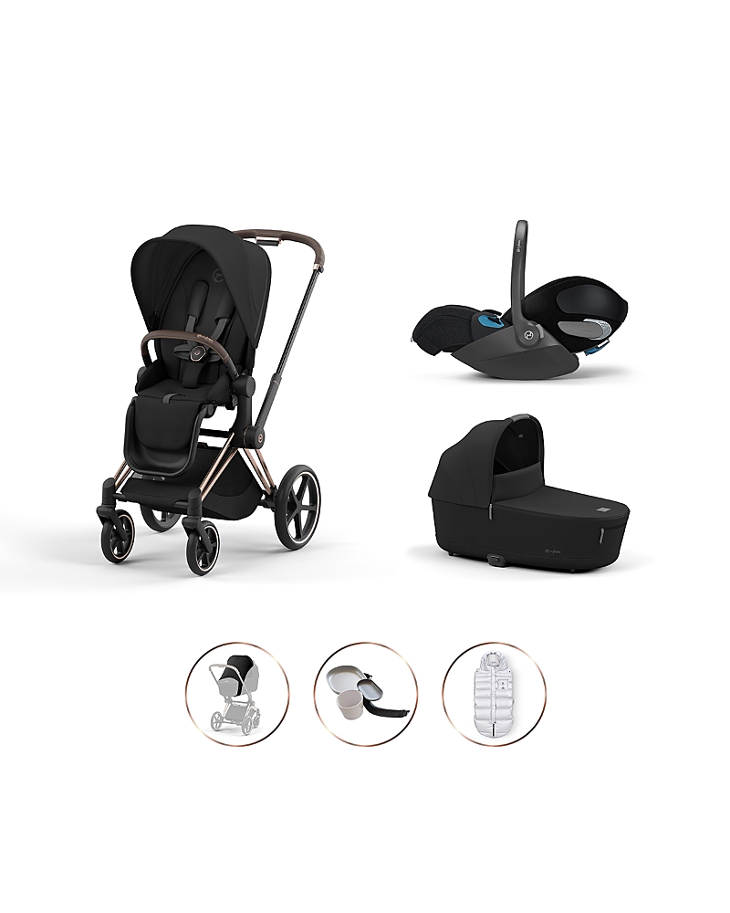 Cybex Priam 4 in Rose Gold + Cloud T Travel System with Priam Lux Carry Cot, Platinum Footmuff, Snack Tray & SunSail