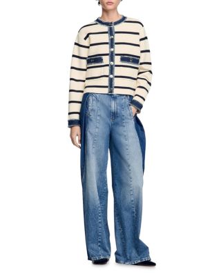 Sandro Striped Cardigan with Denim Detail | Bloomingdale's