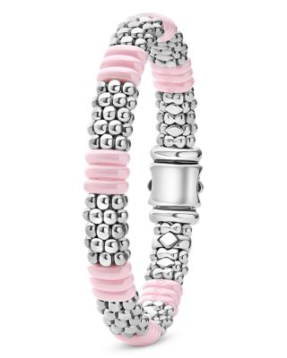 Sterling Silver Pink Caviar Ceramic Rondelle Polished Bead Bracelet