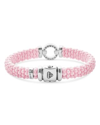 Sterling Silver Pink Caviar Diamond Circle Ceramic Bead Bracelet