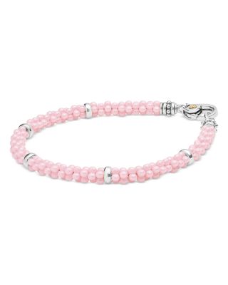 18K Yellow Gold & Sterling Silver Pink Caviar Ceramic Bead Bracelet