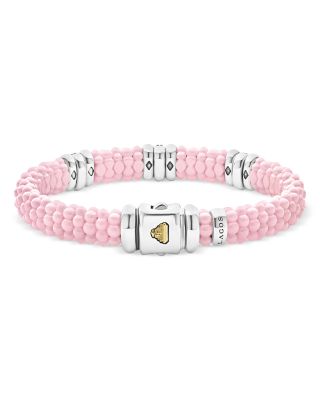 Sterling Silver Pink Caviar Diamond Station Ceramic Bead Bracelet