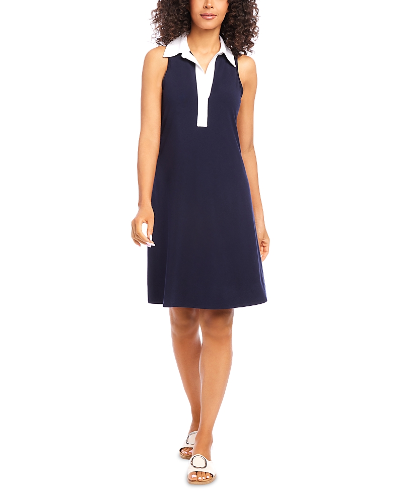 Karen Kane Contrast Placket Sleeveless A-line Dress In Navy/ White