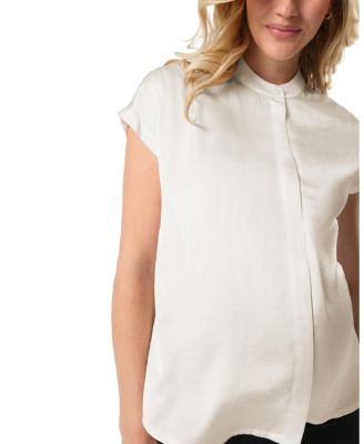 Women&#39;s Short Sleeve Satin Maternity Shell Top with Concealed Nursing Zip