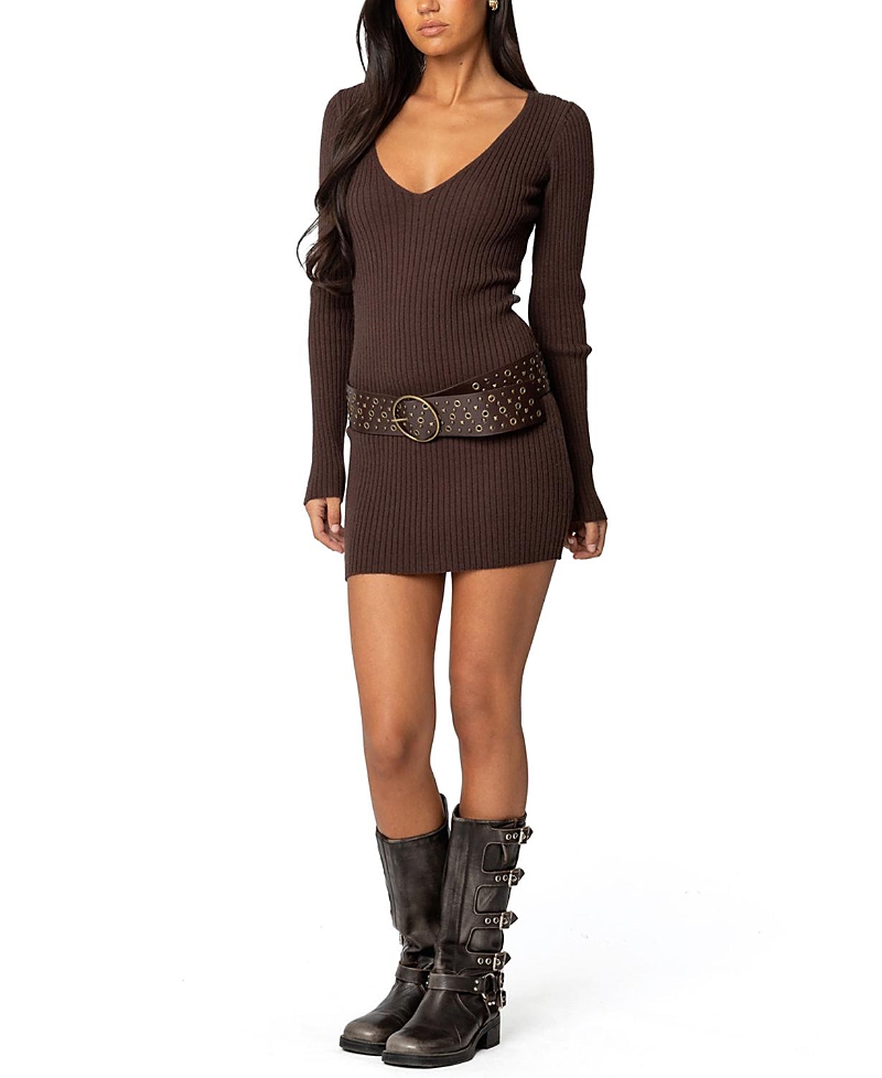 Edikted Rib Long Sleeve Sweater Minidress In Brown