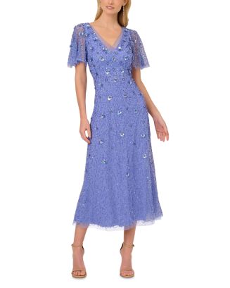 adrianna papell women's bead flutter-sleeve midi mesh dress Flutter Sleeve Floral Beaded Blouson Gown In Air Sky, Air Sky / Regular / 0