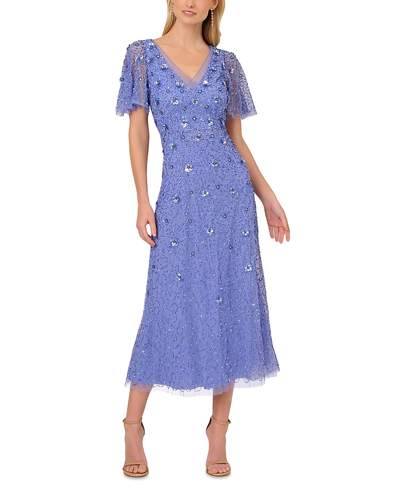 ADRIANNA PAPELL BEADED MESH FLUTTER SLEEVE DRESS