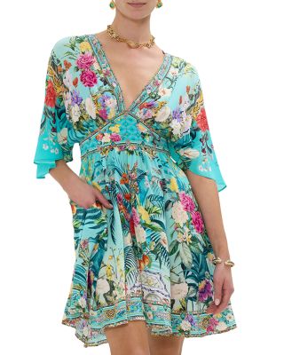 Silk Short Waisted Mini Dress in Gardens Of Queluz