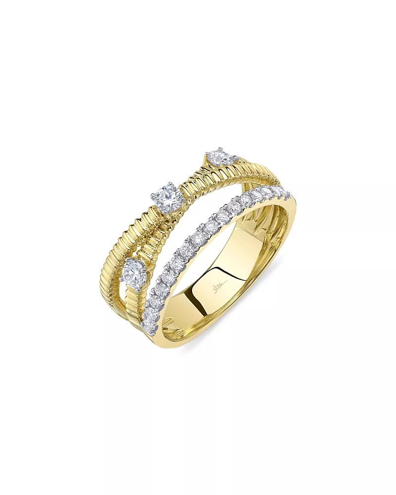 Shy Creation 14K Yellow Gold Kate Diamond Ridged Triple Row Crossover Ring