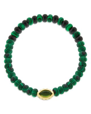 LUIS MORAIS - Men's 14K Yellow Gold Peridot Eye of the Idol Malachite & Onyx Beaded Bracelet