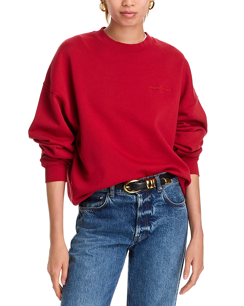 Anine Bing Miles Oversized Embroidered Cotton-jersey Sweatshirt In Washed Red