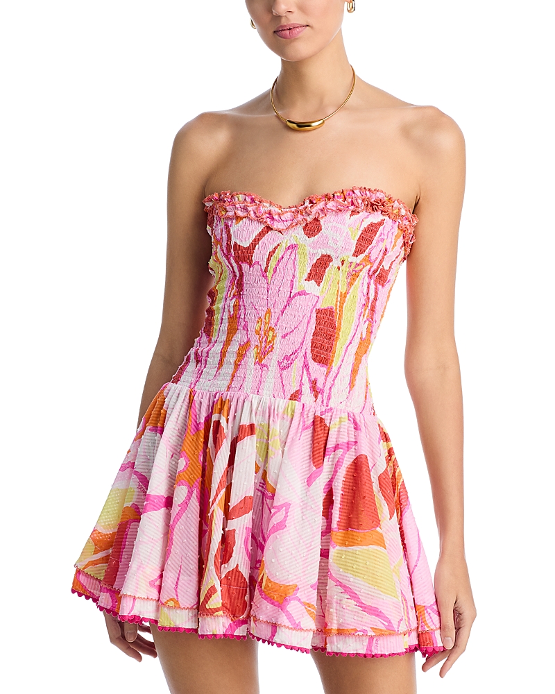 Poupette St Barth Cory Smocked Strapless Dress In Pink Macro Lilium