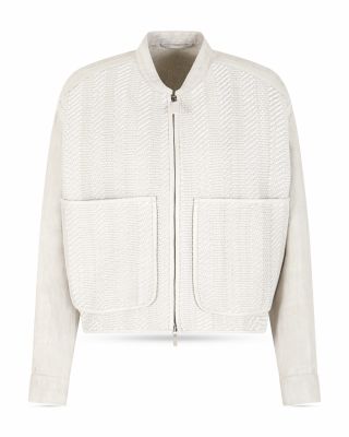 Woven Nappa Leather & Linen Bomber Jacket with Oversize Front Pockets