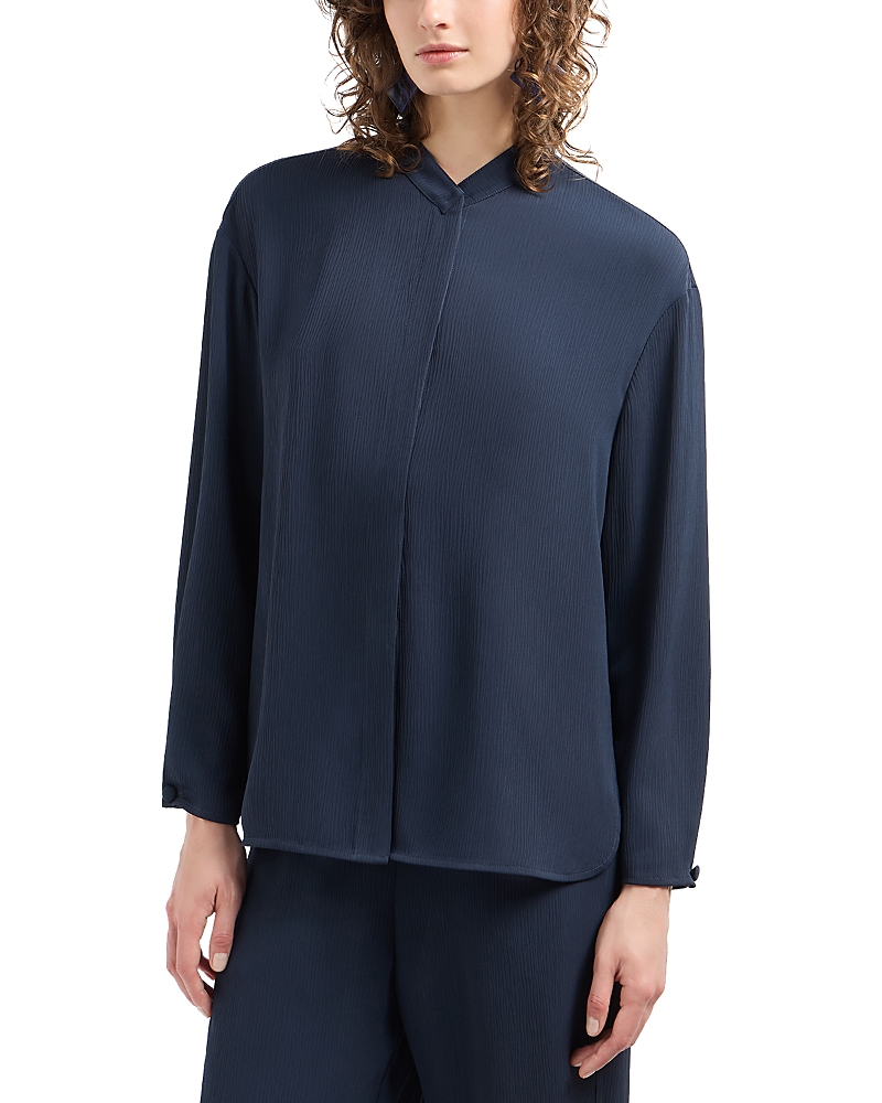 Emporio Armani Creponne Long Sleeve Button Down Blouse With Guru Collar In Overseas Blue