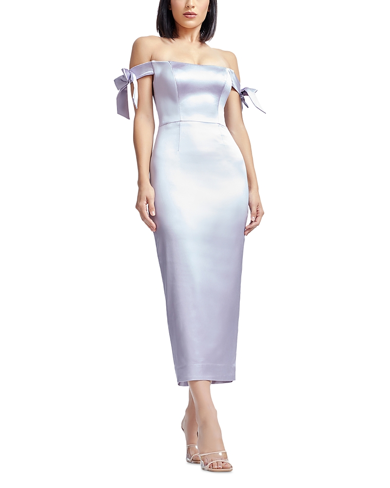 Dress The Population Verona Off The Shoulder Satin Midi Cocktail Dress In Dusty Lavender