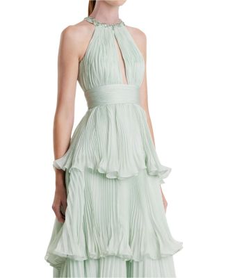 High Neck Chiffon Tiered Gown with Cut Out