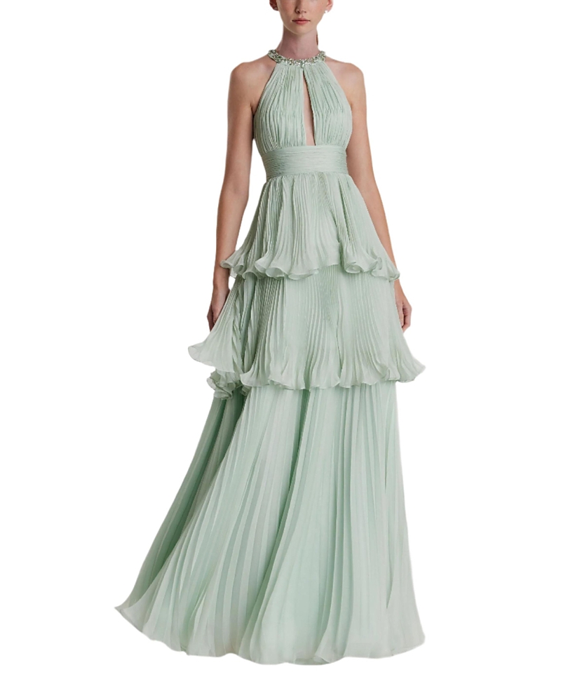 Mac Duggal High Neck Chiffon Tiered Gown With Cut Out In Mint