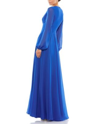 V-Neck Illusion Long Sleeve Chiffon Gown