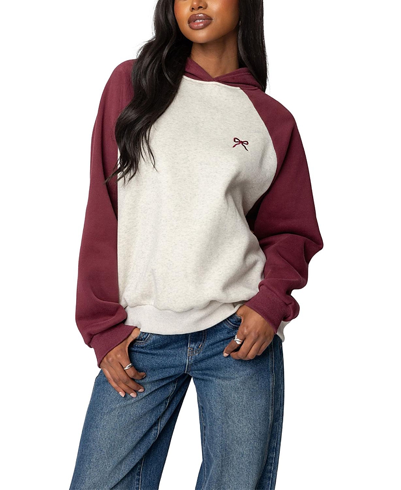 Edikted Bow Embroidery Oversize Colorblock Hoodie In Burgundy-and-gray-melange
