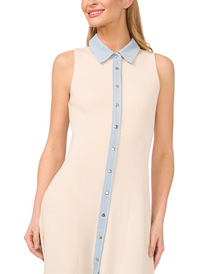 Denim Trim Ribbed Midi Dress