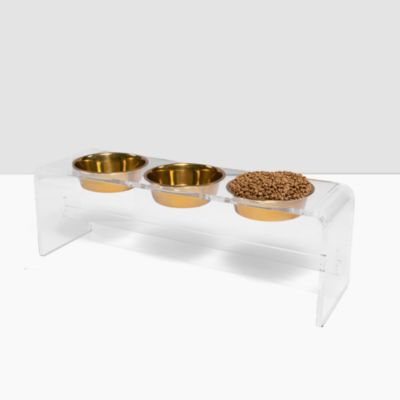Tall Clear Triple Dog Bowl Feeder with 2 Quart Gold Bowls