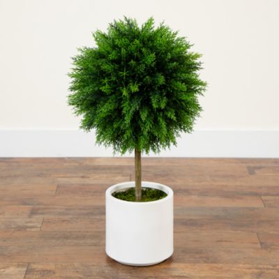 2.5&#39; UV Resistant Artificial Cedar Ball Topiary Tree in White Decorative Planter (Indoor/Outdoor) Artificial Topiary